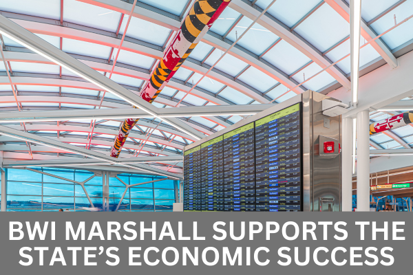 Interior photo of arched ceiling windows with color illumination inside the A/B Connector at BWI Thurgood Marshall Airport with white text in a grey box along the bottom of the image that reads BWI Marshall Supports The State's Economic Success.
